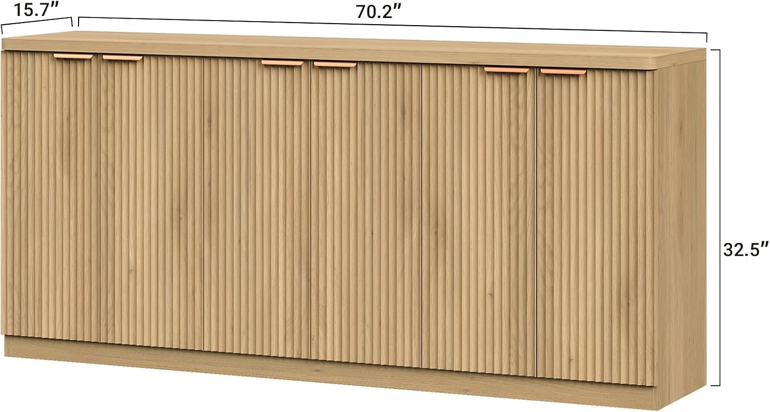 Yanosaku 70' Large Buffet Sideboard Cabinet, Fluted Cabinet 6 Doors, Buffet Table Coffee Bar Wine Bar Storage Cabinet for Dining Room, Living Room