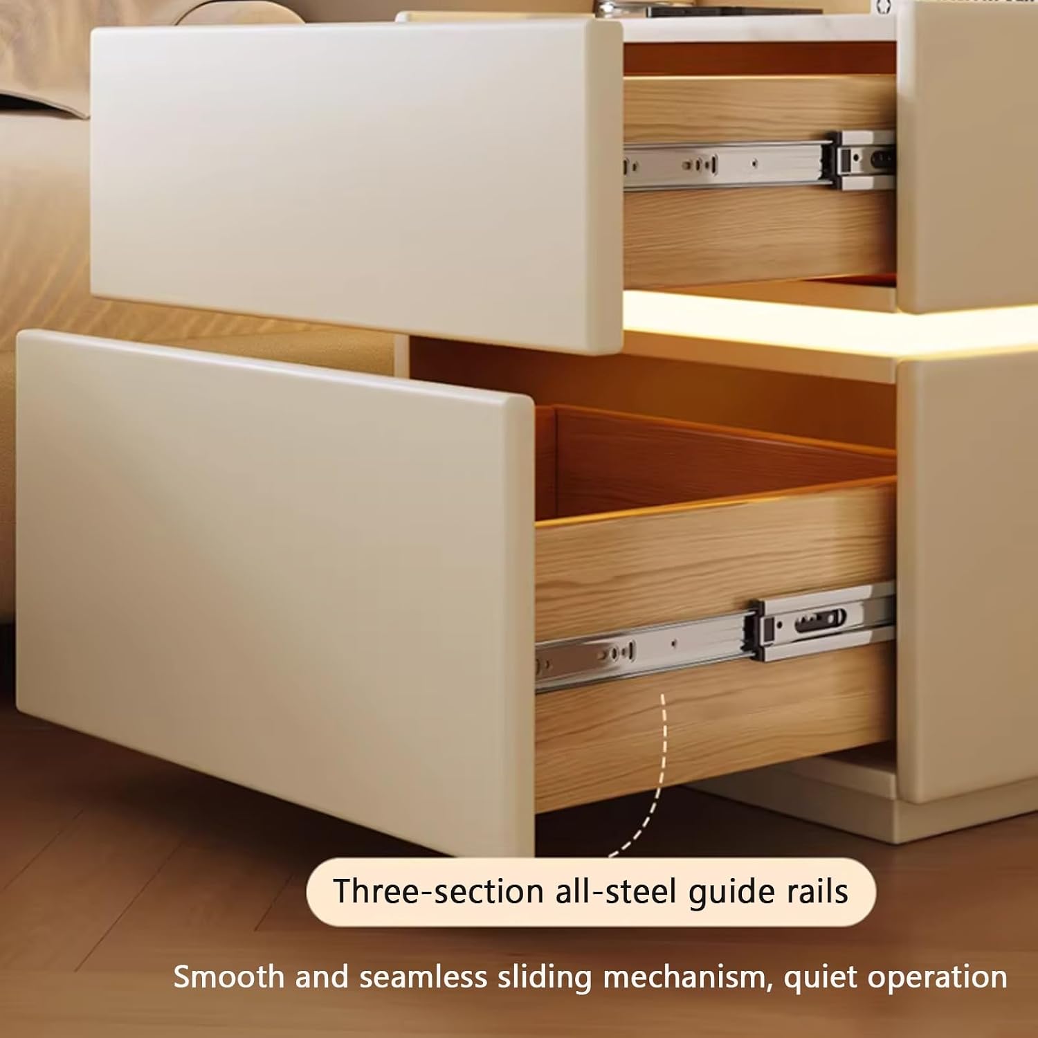 White Night Stand, Modern Nightstand with Touch-Sensitive Tri-Color Lighting & Slab Tabletop, Solid Wood, Concave Cabinet Legs