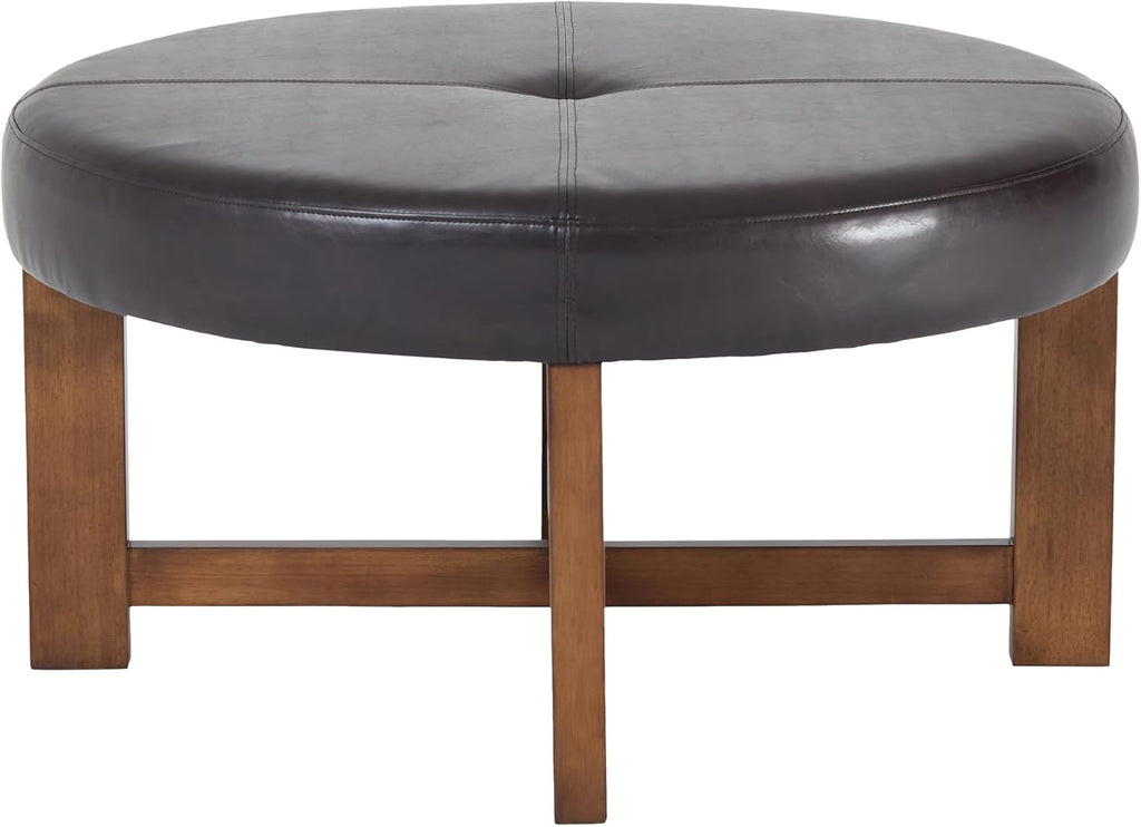 Christopher Knight Home Ladin Modern Round Ottoman Coffee Table, Faux Leather Cocktail Ottoman for Living Room Sofa, Entryway Comfortable Footstool, Wooden Ottoman Foot Rest, Dark Brown+Walnut