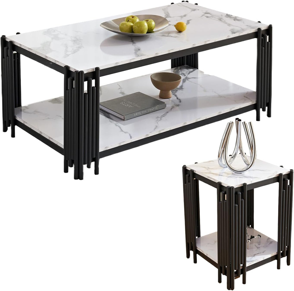 Elegant Marble Coffee Table Set of 2 White Faux Marble Coffee Table End Table Set w/Black Metal Frame 2 Piece Living Room Table Set with 1 Rectangle Coffee Table & Square Side Table