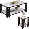 Elegant Marble Coffee Table Set of 2 White Faux Marble Coffee Table End Table Set w/Black Metal Frame 2 Piece Living Room Table Set with 1 Rectangle Coffee Table & Square Side Table