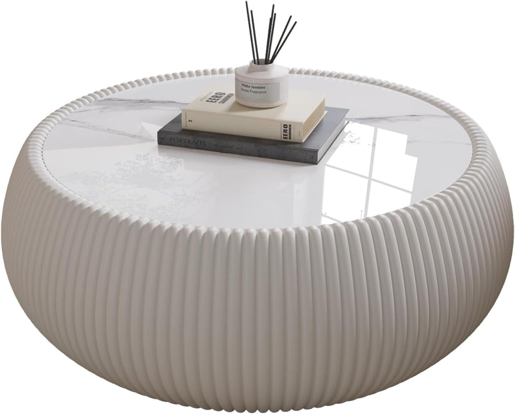 27.5' Drum Coffee Table, Light Grey Sintered Stone Top & Leather Base, Modern Round Side Table for Living Room, No Assembly