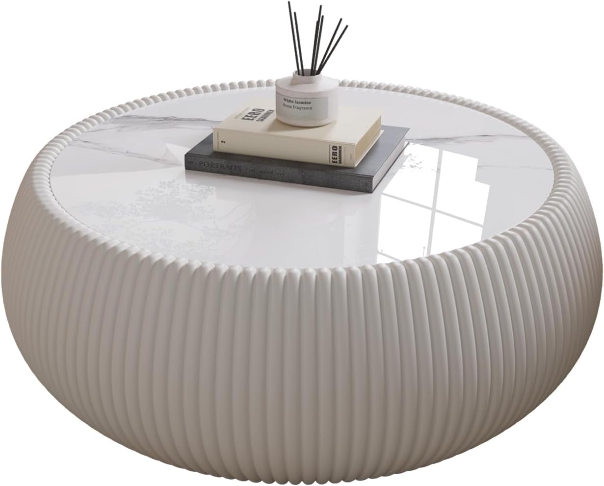 27.5' Drum Coffee Table, Light Grey Sintered Stone Top & Leather Base, Modern Round Side Table for Living Room, No Assembly