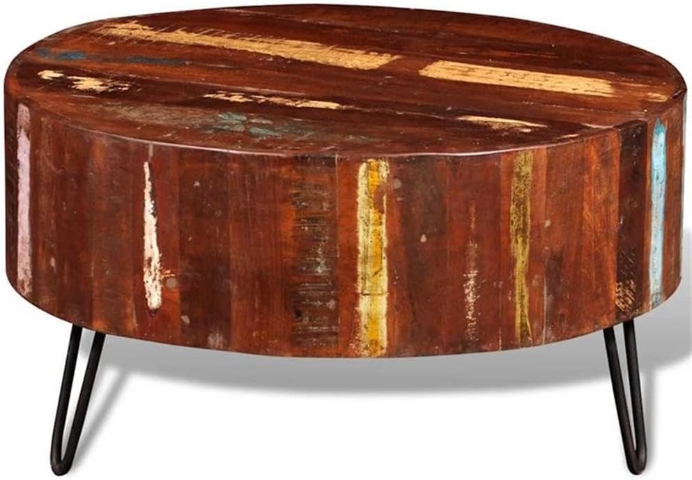BOWERY HILL 27.6' Round Coffee Table, Solid Reclaimed Wood, Multicolor Finish, Handcrafted Rustic Design, Compact Living Room Accent Table, Durable Polished Surface for Drinks and Decor