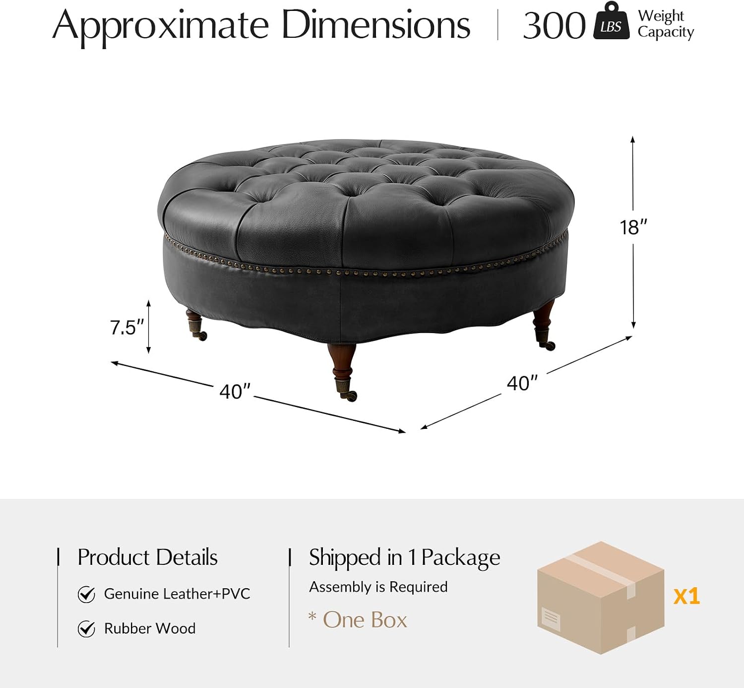 HULALA HOME 40' Genuine Leather Coffee Table, Large Round Button Tufted Coffee Table with Rolling Wheels, Solid Wood Legs, Nailhead Trim, Upholstered Ottoman Seating for Living Room, Black