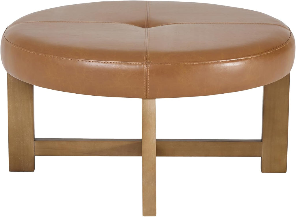 Christopher Knight Home Ladin Modern Round Ottoman Coffee Table, Faux Leather Cocktail Ottoman for Living Room Sofa, Entryway Comfortable Footstool, Wooden Ottoman Foot Rest, Light Brown+Walnut