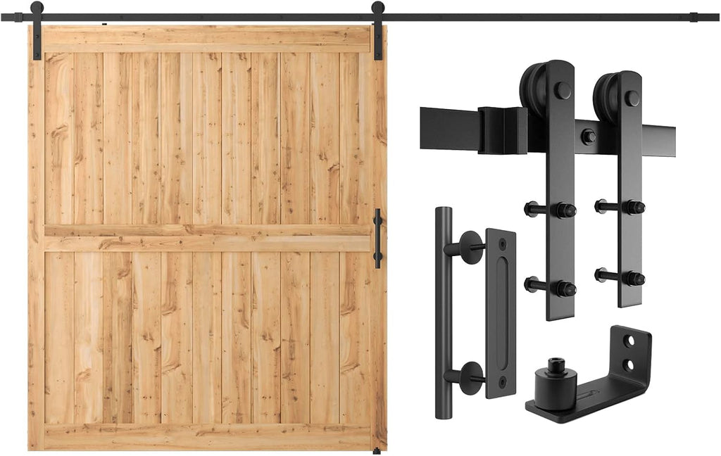 SMARTSTANDARD 12 FT Heavy Duty Sturdy Sliding Barn Door Hardware Kit, Black, (Whole Set Includes 1x Pull Handle Set & 1x Floor Guide) Fit 72' Wide Door Panel (I Shape Hanger)