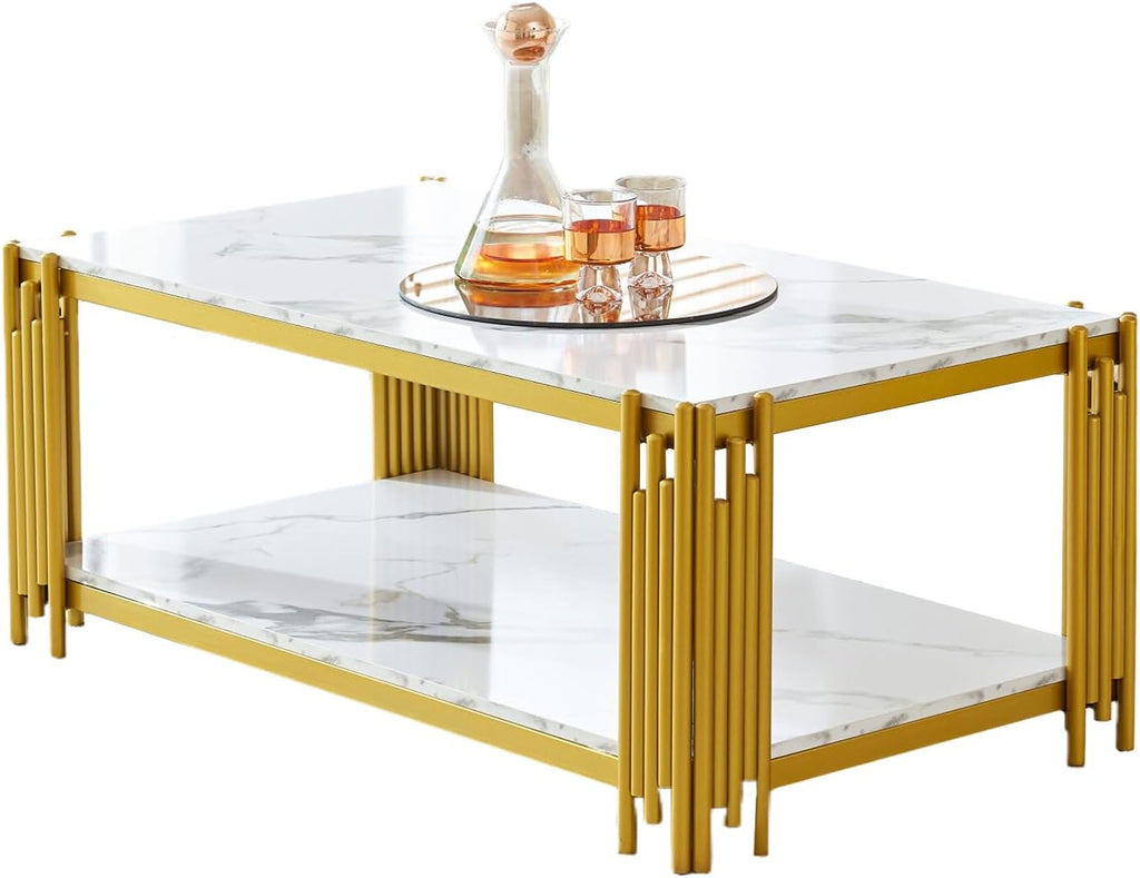 48' Rectangle White Marble Coffee Table Luxury 2-Tier Center Coffee Table with Golden Metal Frame Modern Living Room Table Elegant Accent Cocktail Tea Table with Storage Shelves