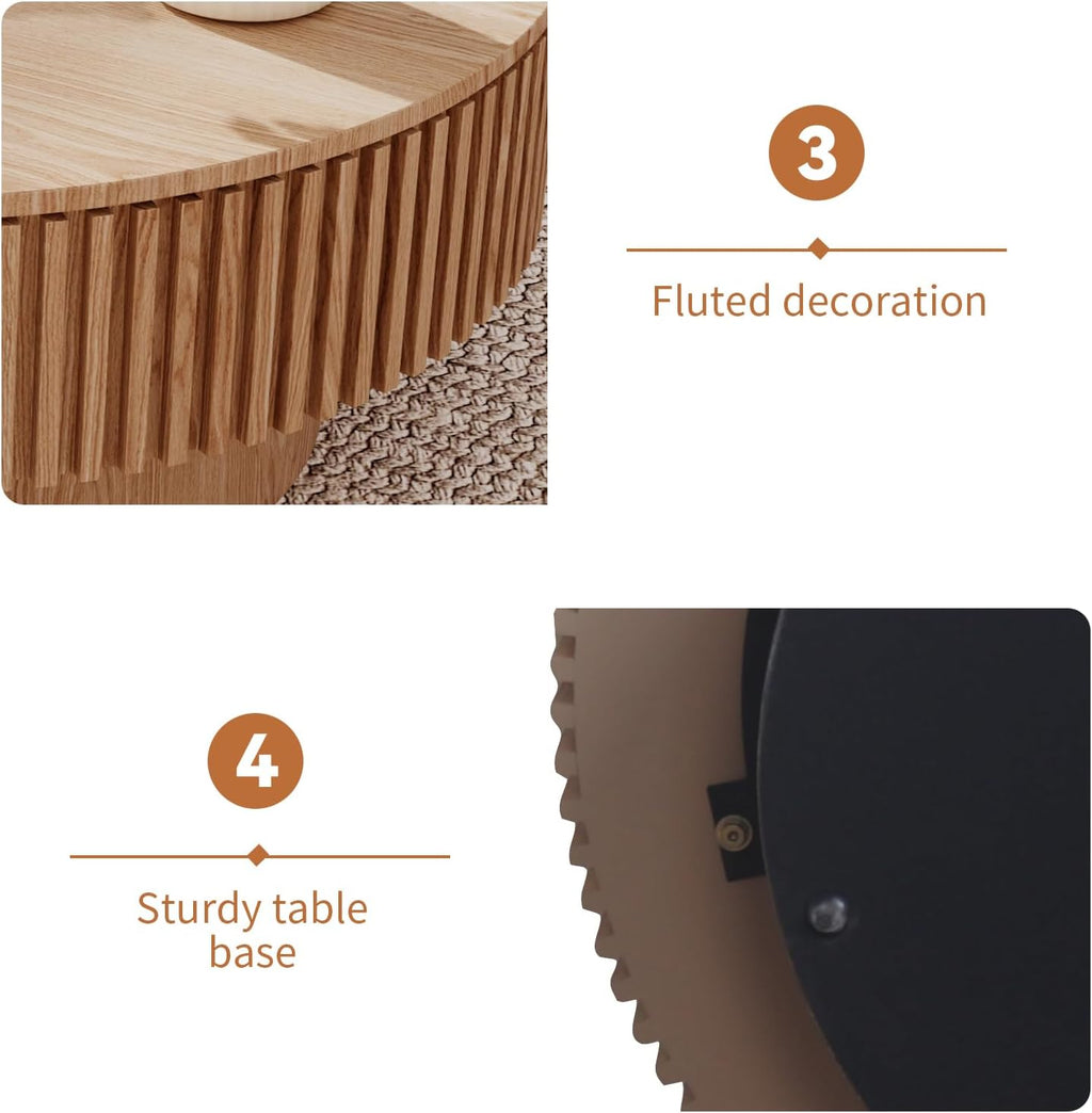 31.5'' Round Coffee Table for Living Room, Fluted Coffee Table with Hidden Storage, Solid Wood Circle Table, Modern Tea Table for Small Space Apartment-Natural Wood 31.5''D×14''H