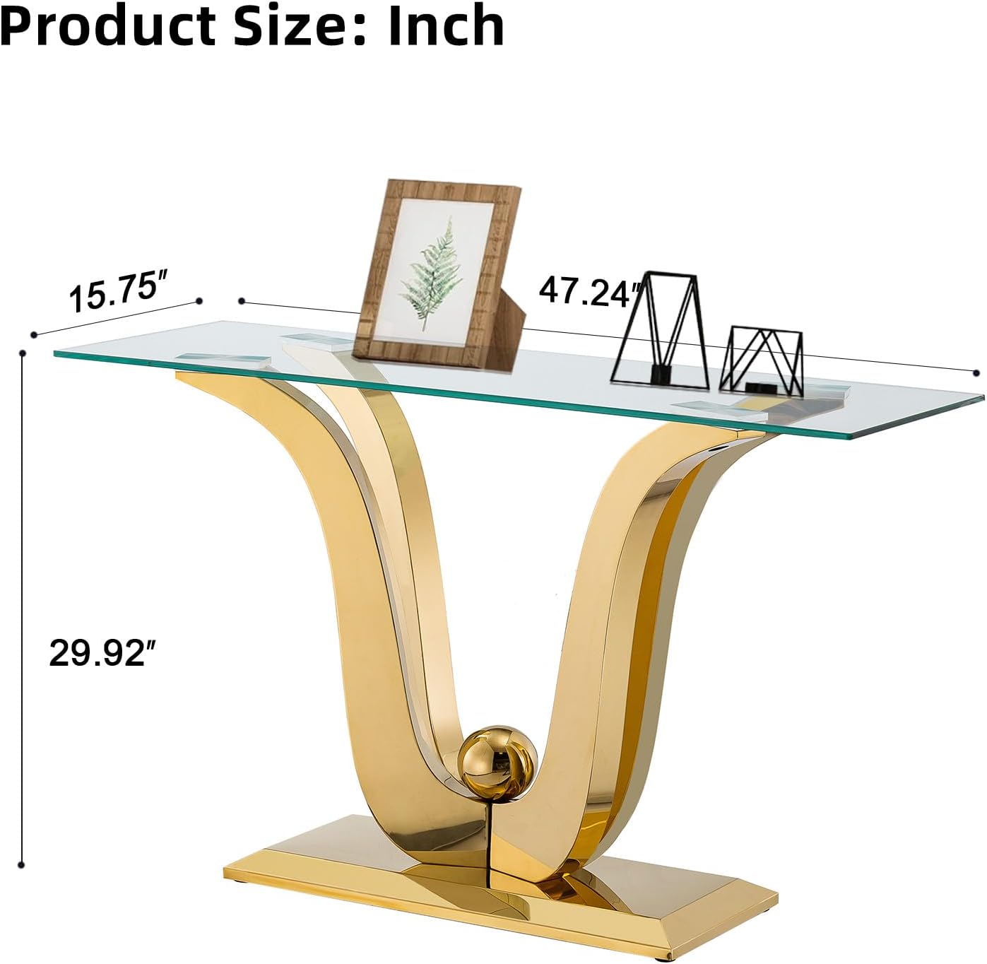 Modern Gold Glass Console Table, 47' Rectangle Entryway Table with Tempered Glas Top & Stainless Steel Frame, Luxury Glass Console Table Behind Sofa Table Hallway Table for Entrance Living Room