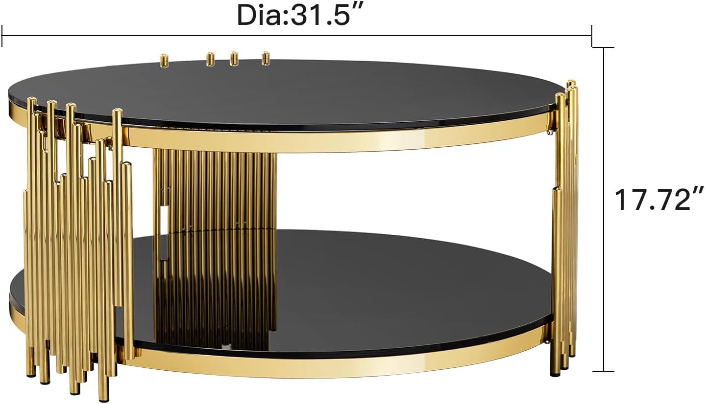 31.5'' Tempered Glass Round Coffee Table for Living Room, 2-Tier Modern Circle Coffee Table, Glass Tabletop & Stainless Steel Frame, Easy Assembly, Black & Gold