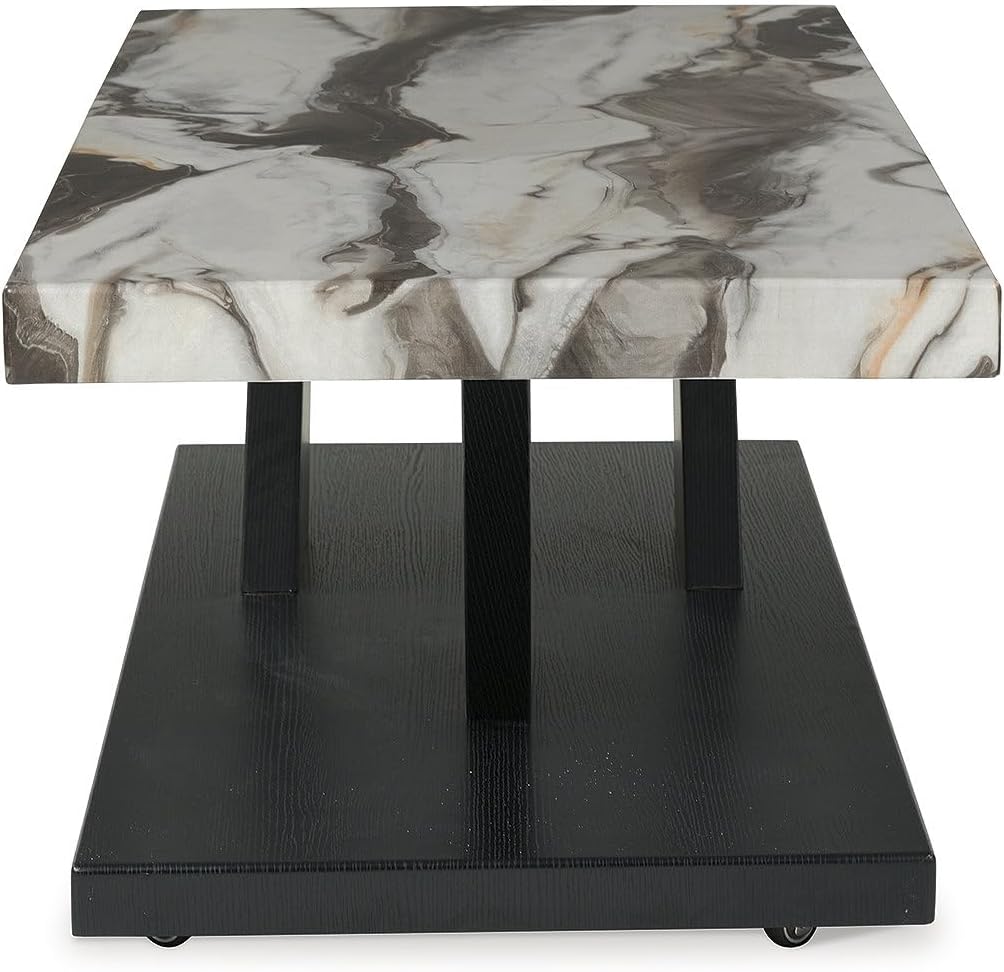 Signature Design by Ashley Cendill Contemporary Faux Marble Table with Casters, Set of 3, White & Black