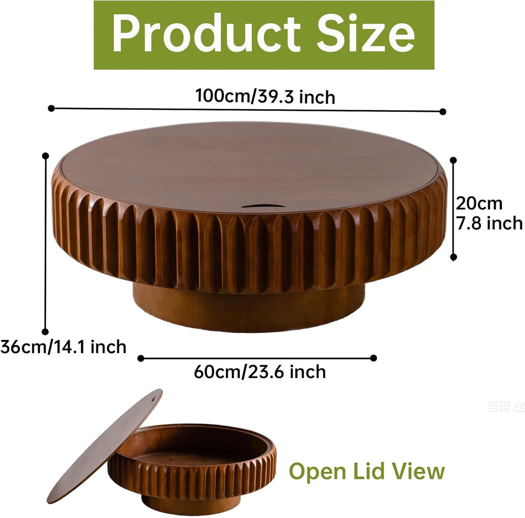 Round Wood Fluted Coffee Table with Storage, 39' Round Fluted Coffee Table with Flip-Top Lid Mid Century Modern Low Circle Drum Coffee Tables for Living Room (Brown, 39 inch)