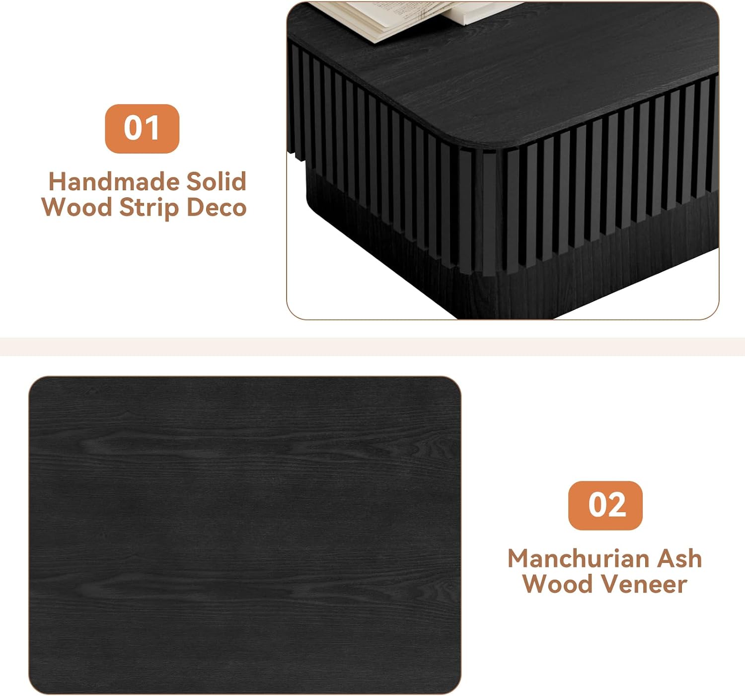 Lift Top Coffee Table for Living Room, Fluted Coffee Tables with Storage, Solid Wood Veneered Modern Accent Tea Center Table for Small Space Apartment (Black-38.6''D×26.8''H)