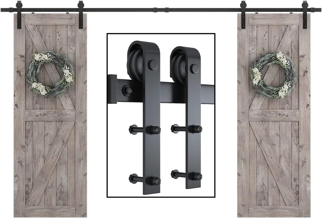 SMARTSTANDARD 11 FT Double Barn Door Hardware Kit, Sliding Door Track-Smoothly and Quietly -Includes Detailed Installation Fit 30'-33' Wide Doorpanel (J Shape Hanger) Black