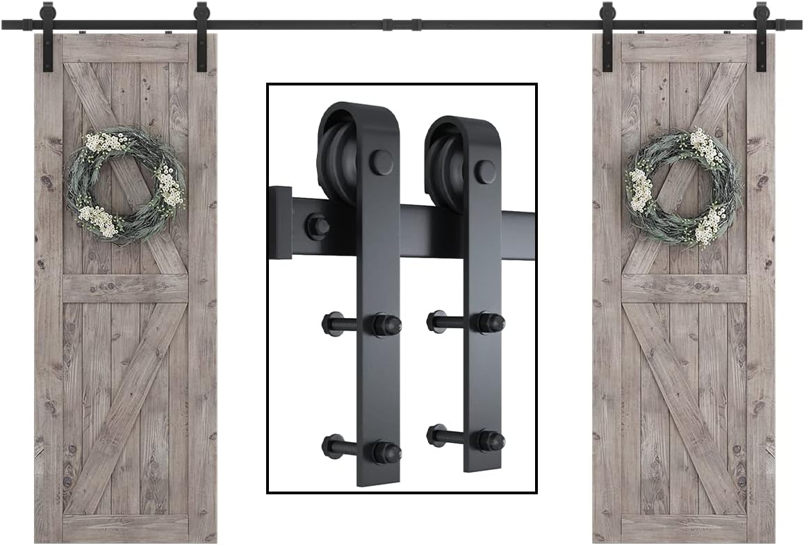 SMARTSTANDARD 11 FT Double Barn Door Hardware Kit, Sliding Door Track-Smoothly and Quietly -Includes Detailed Installation Fit 30'-33' Wide Doorpanel (J Shape Hanger) Black