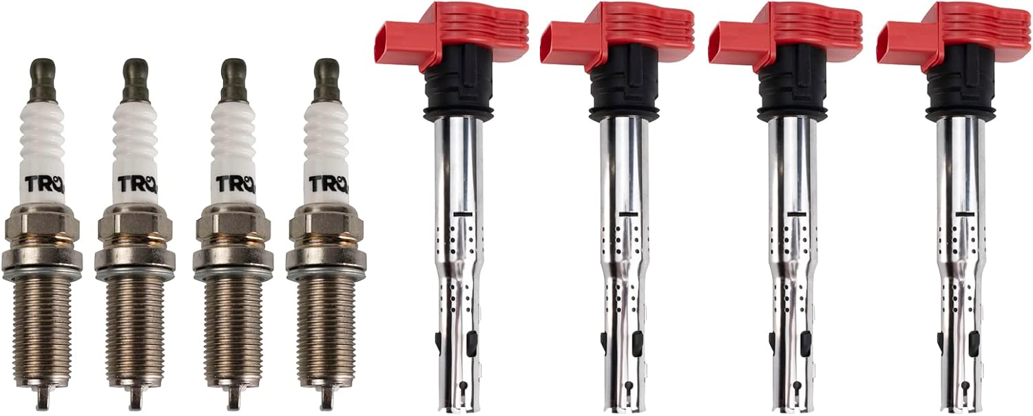 TRQ Ignition Coil and Spark Plug Kit 8 Piece Iridium Spark Plugs Compatible with 2012-2013 Volkswagen Jetta 2009-2017 Tiguan 2011-2016 Audi Q5 2005-2016 A4 2006-2014 GTI 2010-2015 TT Quattro
