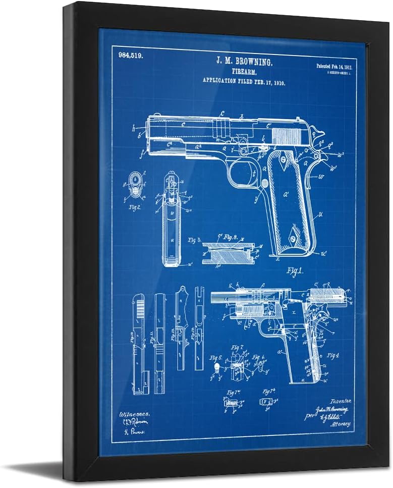 Personal-Prints Firearm Patent Art | Vintage Wall Art, Office, Bedroom Decor | 2nd Amendment & Choice of Unique Gun Art Gifts | USA Made (2 Piece Set, Blueprint, 13'x16' Framed Paper Print)