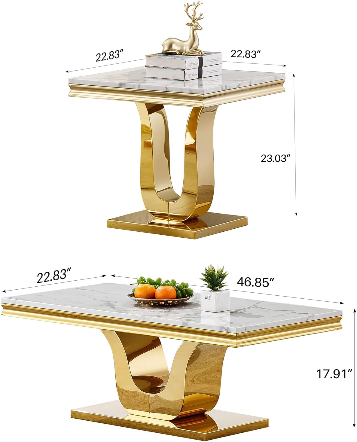 3 Piece Living Room Table Set, Faux Marble Coffee Table Set of 3, Modern White Coffee Table and 2 End Tables with Gold Stainless Steel U-Base for Living Room Home Office
