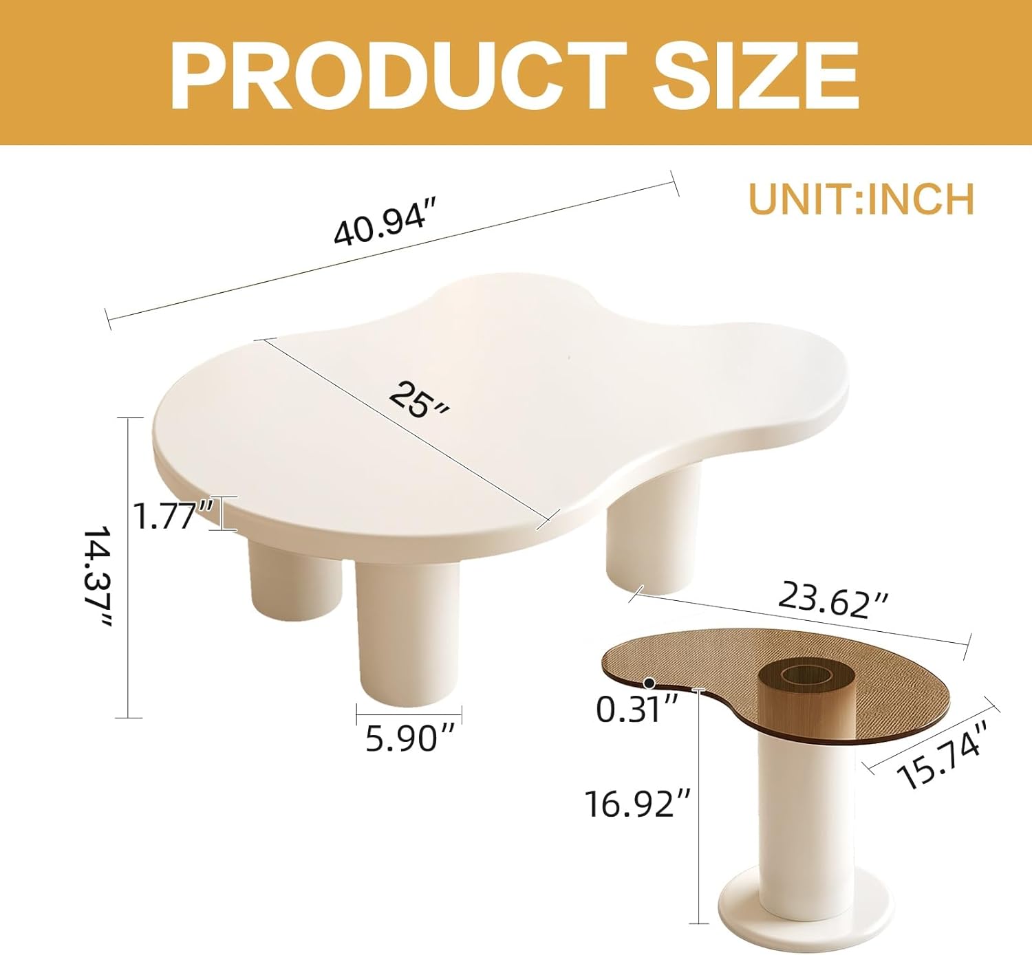 Nesting Coffee Table Set of 2, Modern Irregular Coffee Table & Tempered Glass End Table for Living Room, Unique Funky Center Table Set for Small Spaces, Easy Assembly, White