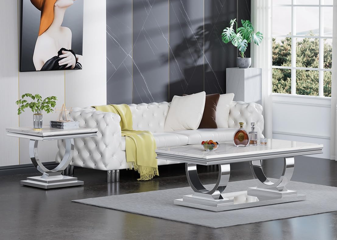 3 Pieces Coffee Table Set, Faux Marble Living Room Table Set of 3, Modern Coffee Table and 2 End Tables with O-Shaped Stainless Steel Base for Living Room Office (White Silver)