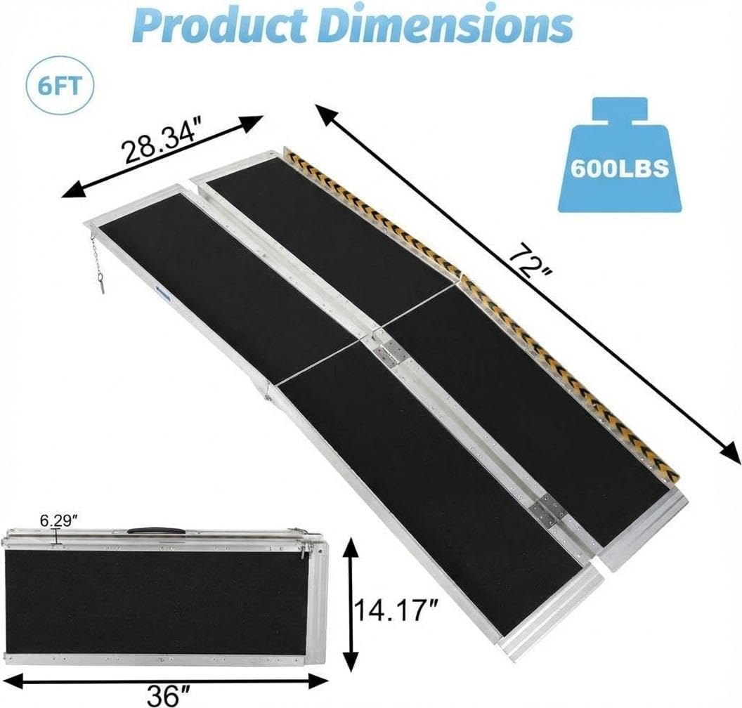 6 ft Portable Wheelchair Ramp, 600 LBS 28' Wide Aluminum Folding Handicap Ramp with Anti-Slip Surface & Reflective Strips for Home Steps Threshold Doorways