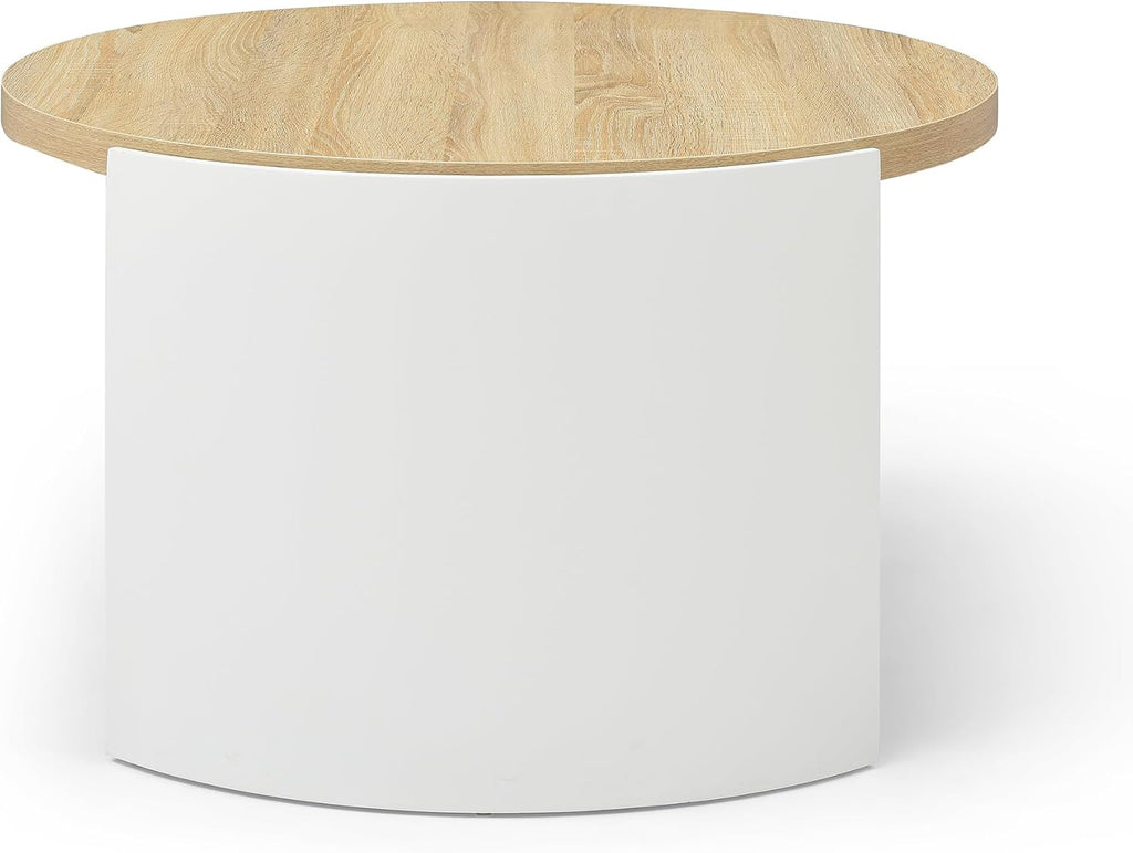31.49'' Round Coffee Table for Living Room, Modern Wood Circle Coffee Table with 2-Tier Storage Desktop Contemporary Unique Drum Tea Table for Apartment, Small Space, Easy Assembly, Natural White