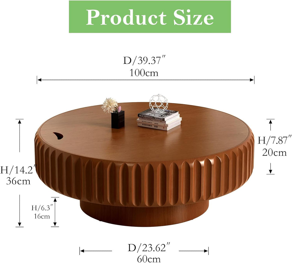 39.37' Round Drum Coffee Table with Storage Rustic Chic Fluted Center Table - Handcraft Solid Wood Veneer Edge for Living Room Farmhouse (A 39.37in)