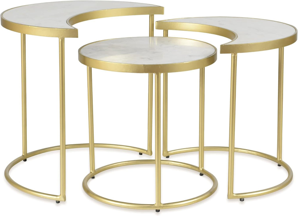 Modern White Marble & Gold Nesting Tables Set of 3 | Round Stacking Coffee Table | Accent Side Tables for Living Room, Home Office, Nightstands for Bedroom