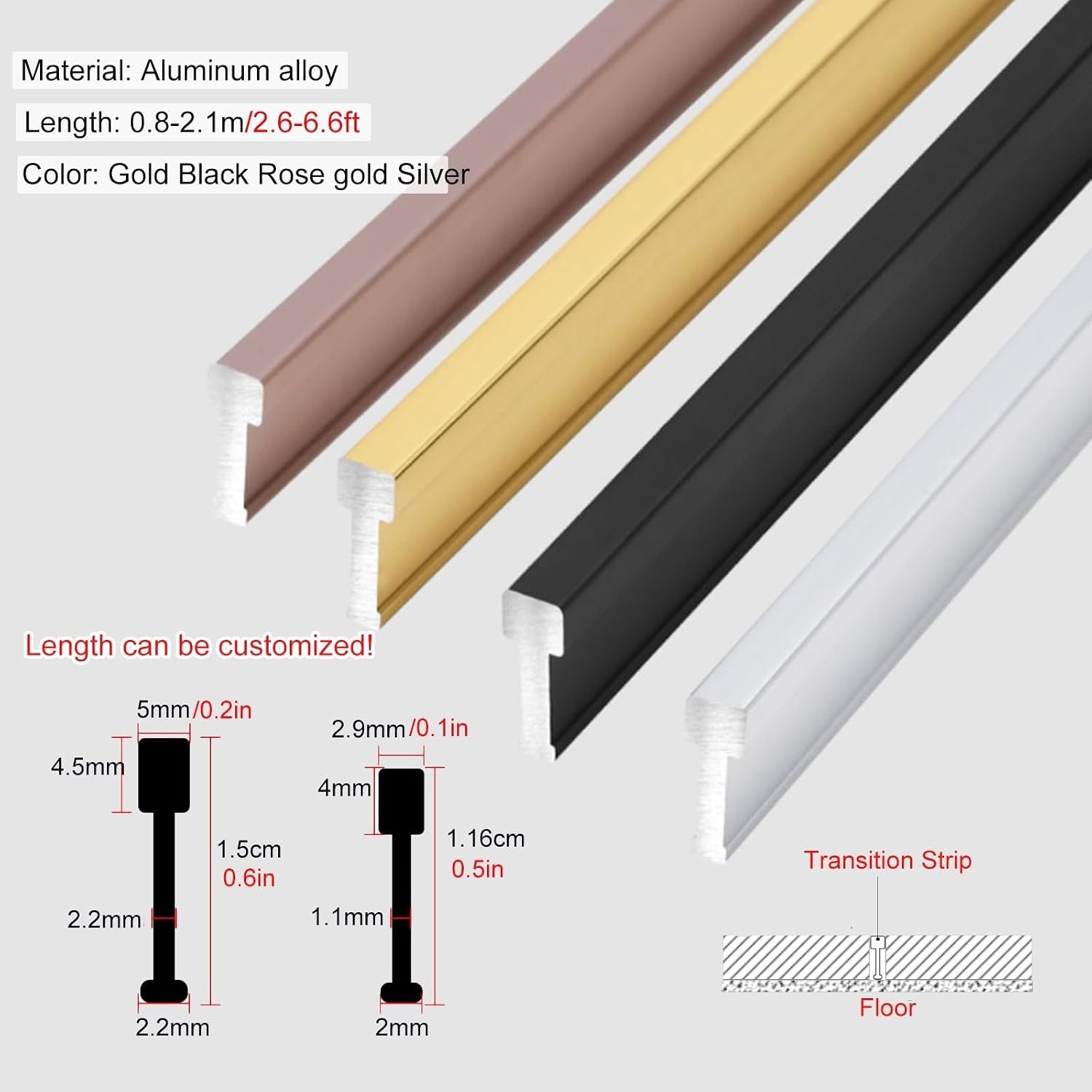 Floor Transition Strip for Doorway, Cuttable T-Shape Edge Banding/ Threshold Nosing Strip for Joining Floor Gaps, 36'' 47'' 52'' 63'' 60'' Long Decorative Metal Carpet Edge Trim(Silver 1.5cm/3/5'',140