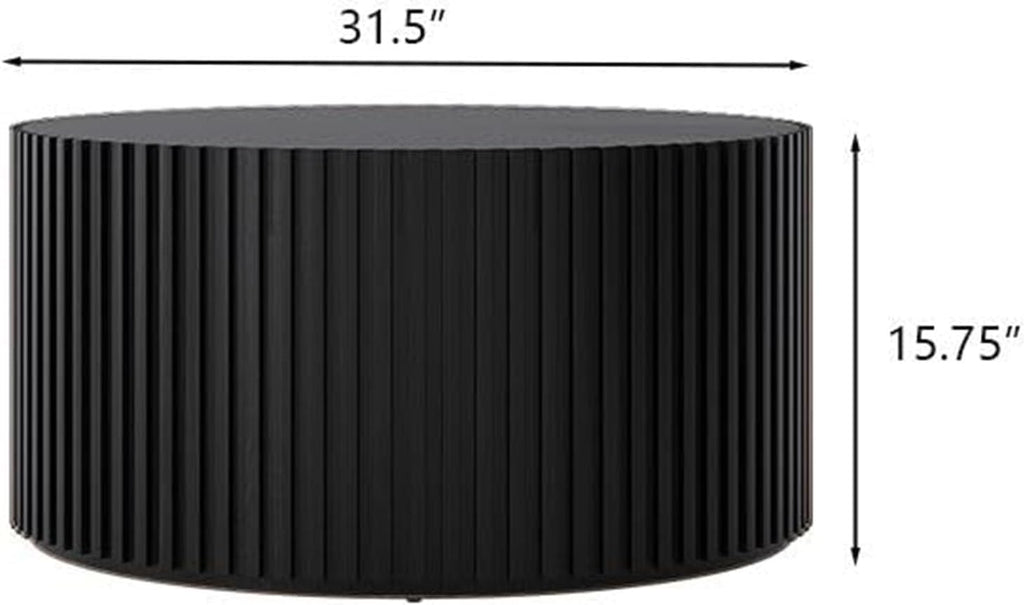 POVISON Mid Century Modern Coffee Table with Fluted Design, 31.5' Round Coffee Table for Living Room, Black Wood Coffee Table for Home Office Apartment