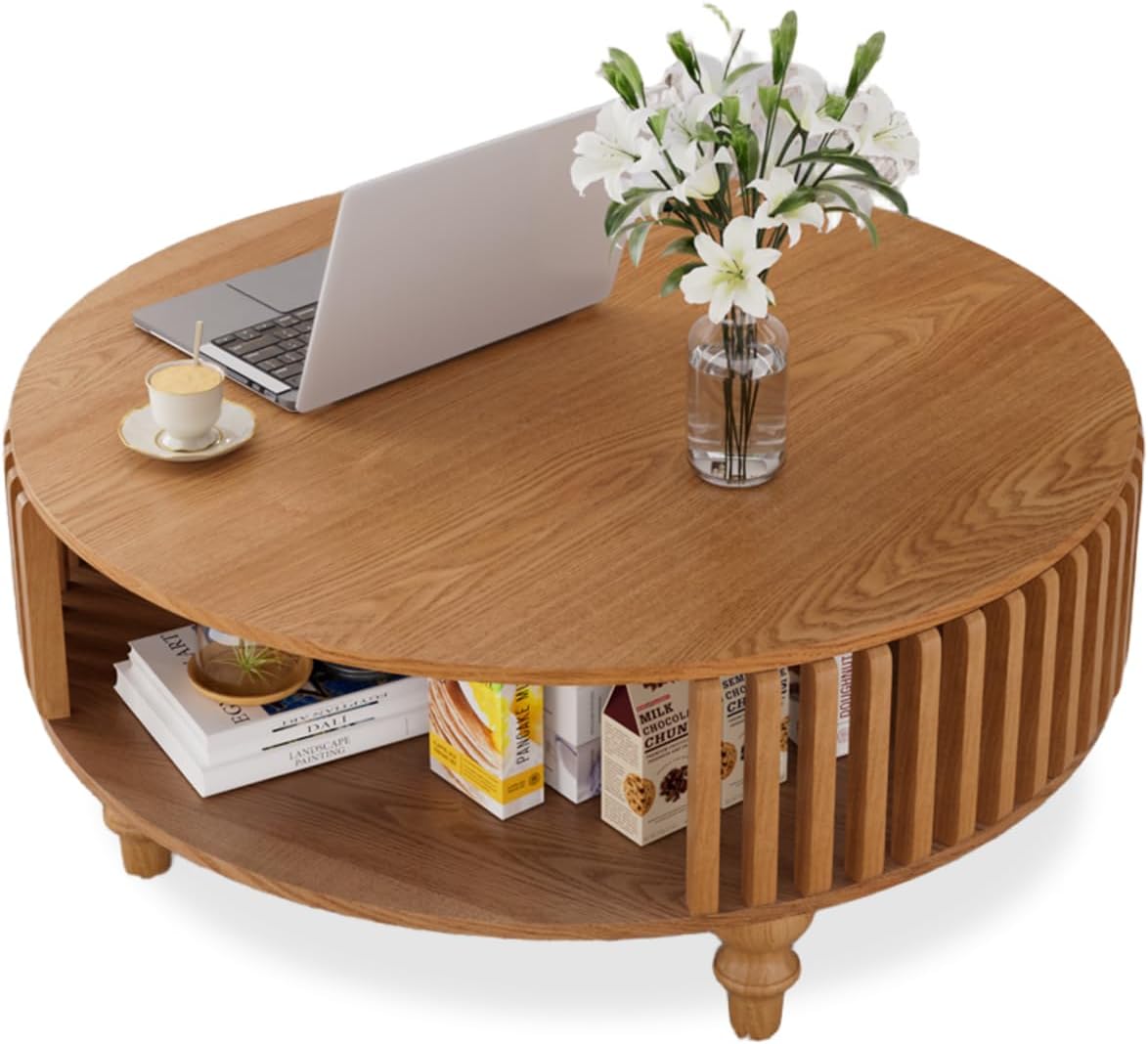 2-Tier Round Coffee Table 30.7' Round Coffee Table with Storage Mid-Century Modern Circle Accent Center Table Farmhouse Low Cocktail Tea Furniture for Living Room Small Spaces (30.7' Round)