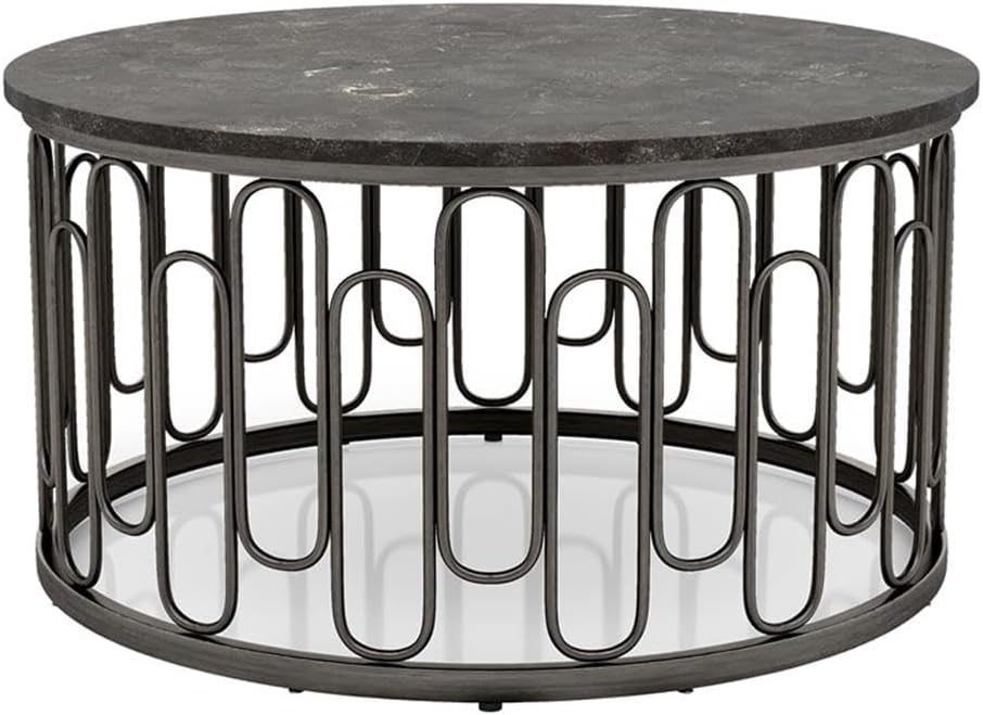 BOWERY HILL Marble and Metal 3-Piece Coffee Table Set, Black Finish, Includes Round Marble Coffee Table 36 in and 2 End Tables 20 in, Sturdy Decorative Iron Base, Contemporary Style Living Room