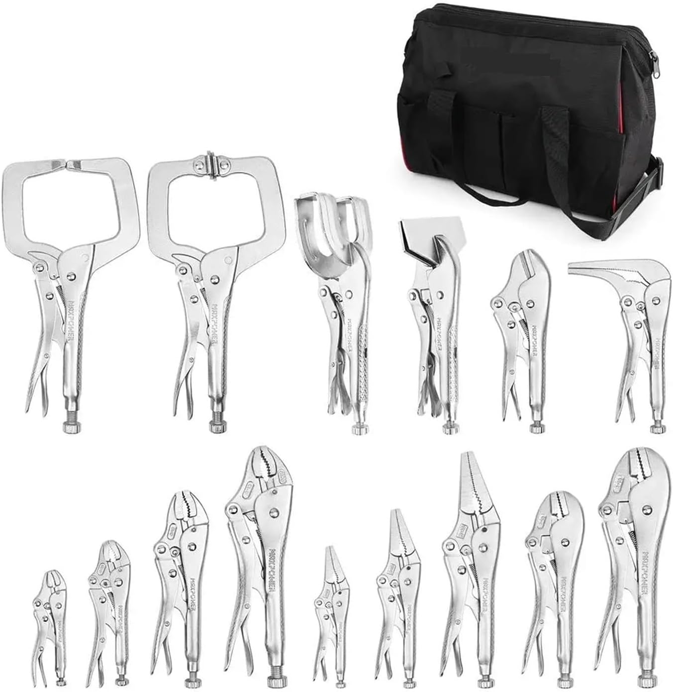 Pipe Expander, 15-Piece Clamp Pliers Set With Tool Bag Long Nose Curved J Straight J Pinch Off Sheet Metal U-Shaped Gripping Locking Clamps
