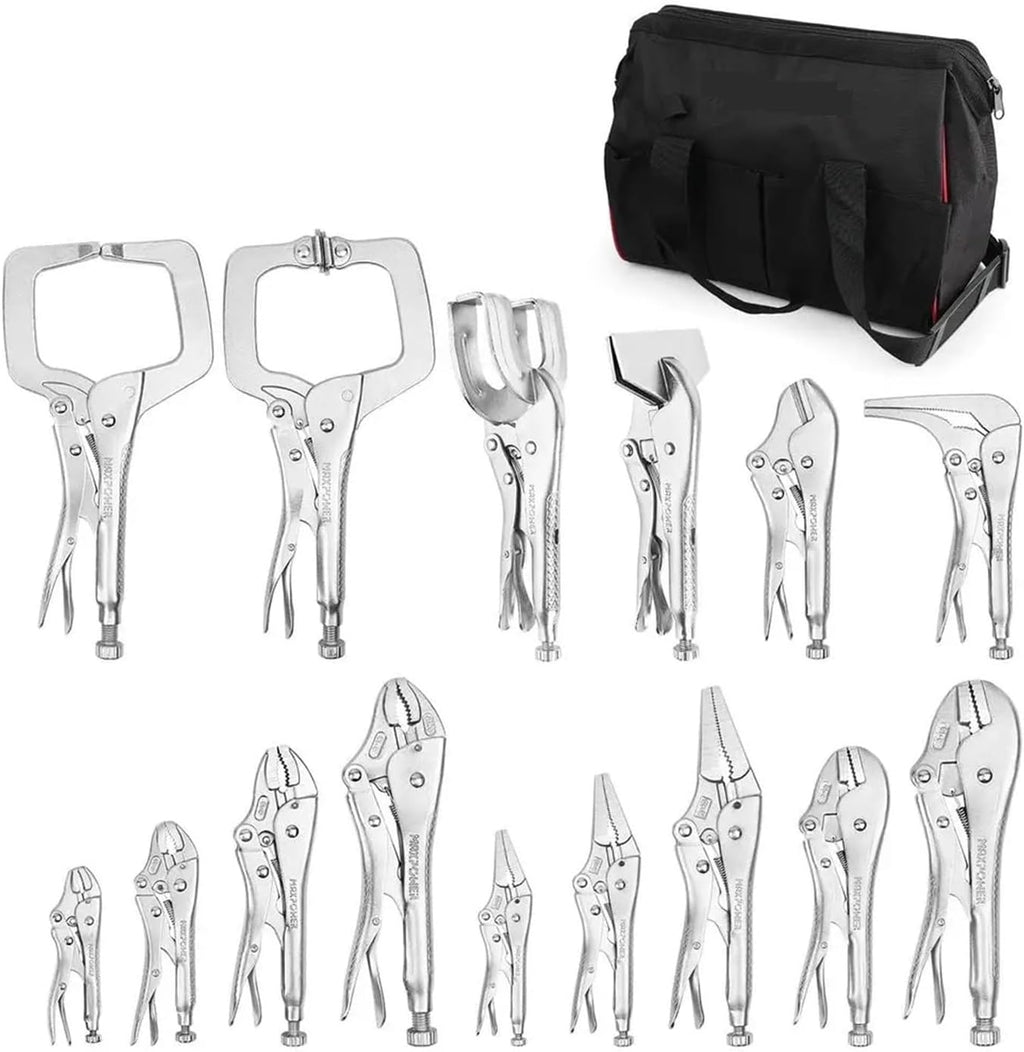 15-Piece Clamp Pliers Set With Tool Bag Long Nose Curved J Straight Pinch Off Sheet Metal U-Shaped Gripping Locking Clamps
