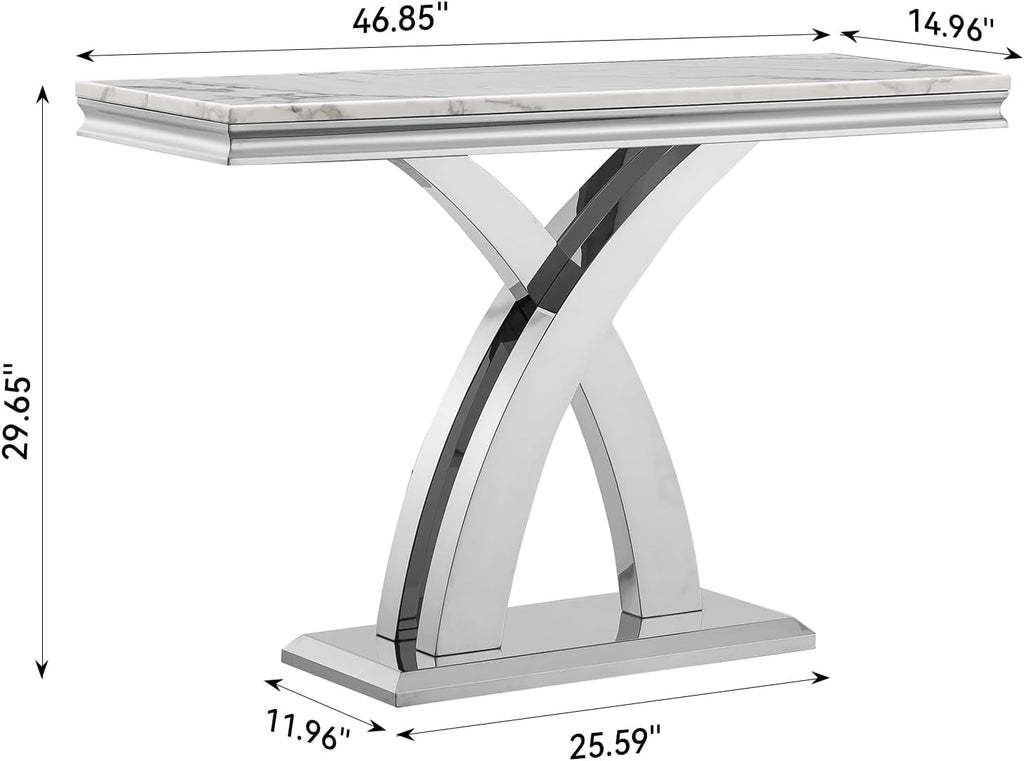 Modern White Silver Console Table, 47' Faux Marble Entryway Table Narrow Long Sofa Table, Luxury Accent Table Rectangle Behind Sofa Entrance Table Foyer Hallway Table for Living Room