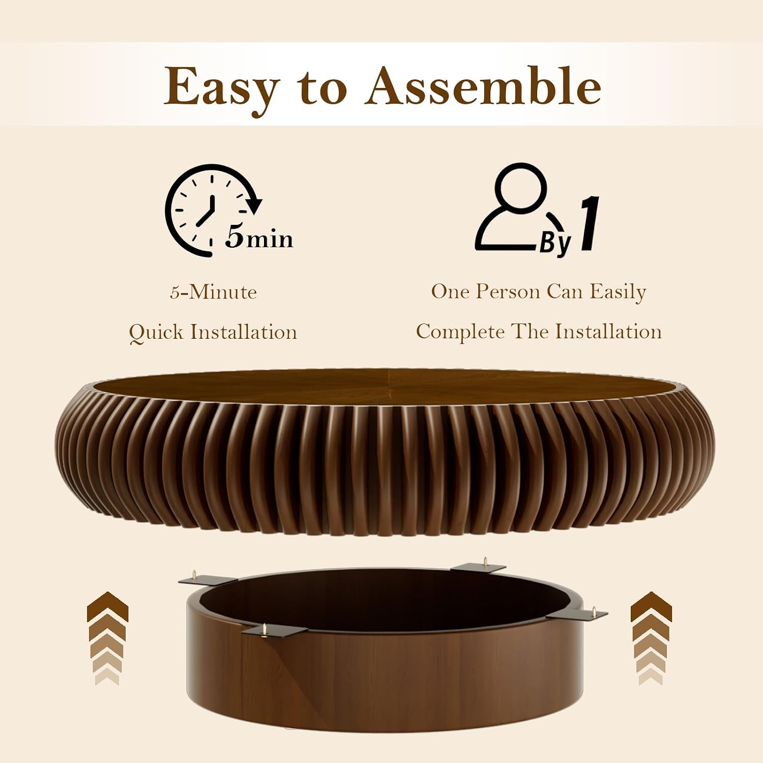 39.37' Round Fluted Coffee Table Unique Contemporary Wood Low Circle Drum Tea Tables with Sturdy Pedestal for Small Space (I Walnut 39.37in)