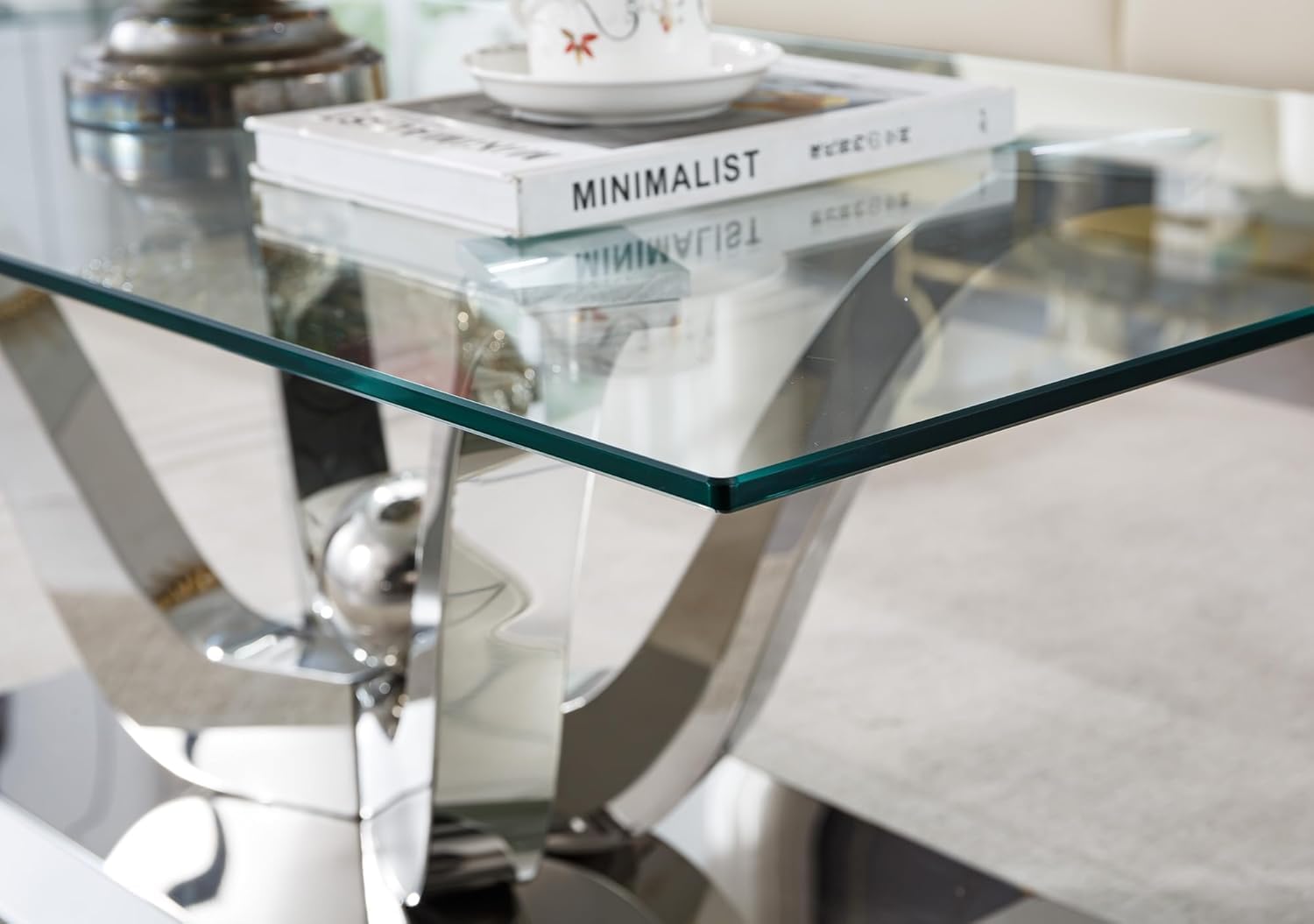 Modern Silver Glass Coffee Table Set of 2, Clear Glass Coffee Table and End Side Table Set with Stainless Steel Frame, Luxury Silver 2 Piece Living Room Table Set for Home Office Apartment