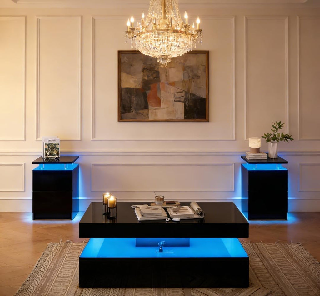 3-Piece Modern Black Living Room Set, LED Lighted Coffee Table + 2 End Tables with Storage Drawers, Black
