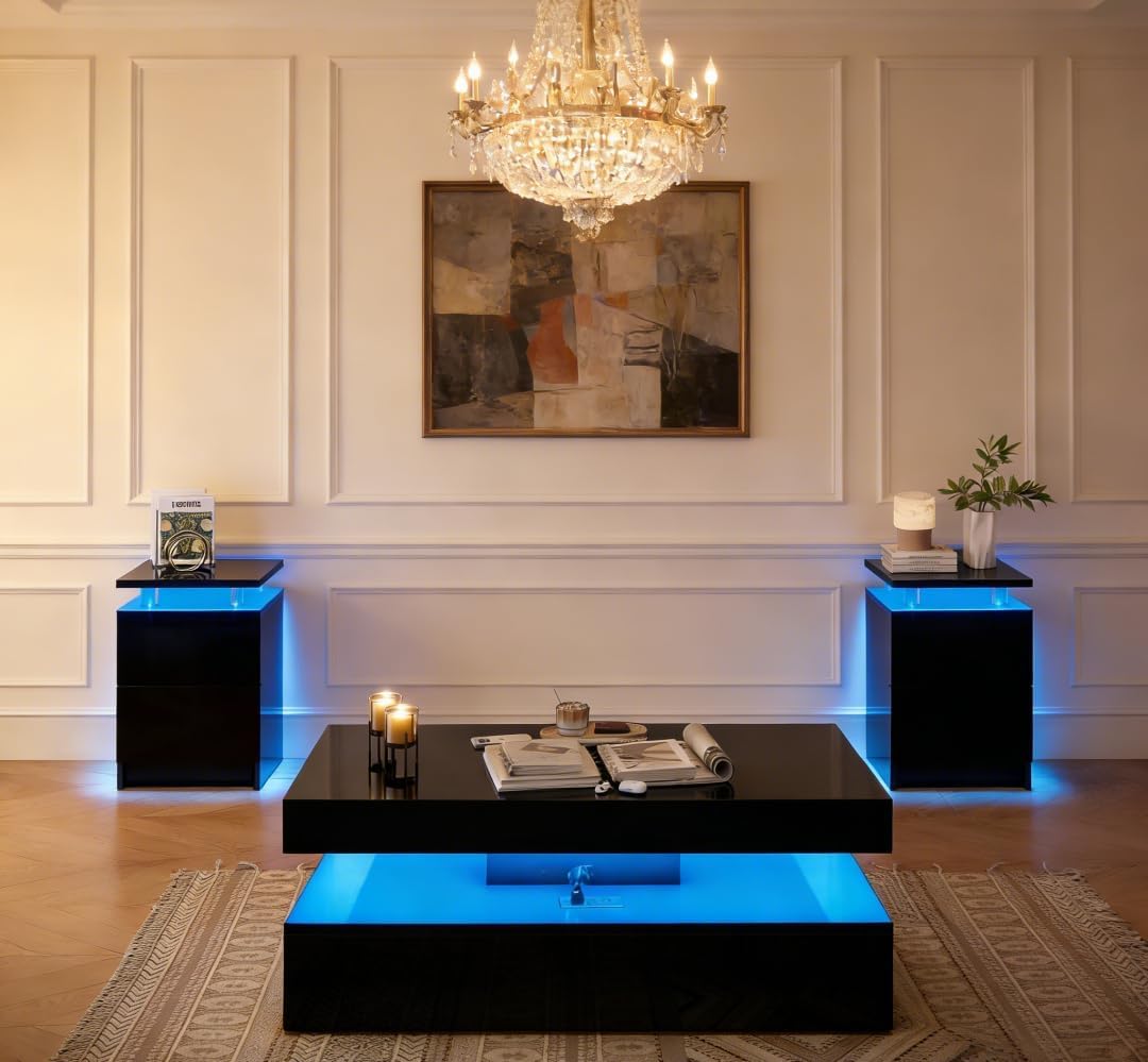 3-Piece Modern Black Living Room Set, LED Lighted Coffee Table + 2 End Tables with Storage Drawers, Black