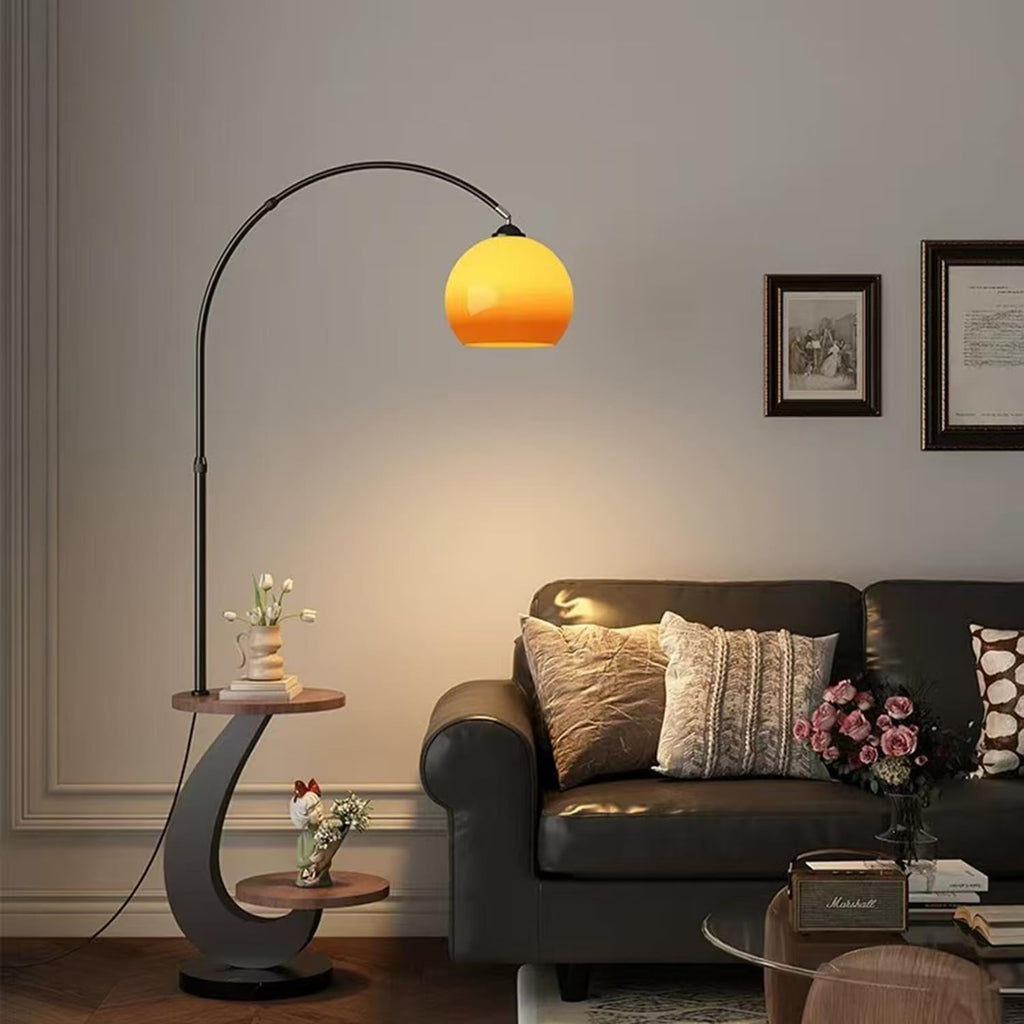 Bofea-Arc Floor Lamps for Living Room,Black Floor Lamp with Table | Wood End Side Table with Lamp,Adjustable Orange Lamps Over Sofa,Warm Lighting,Mid Century Standing Light for Couch