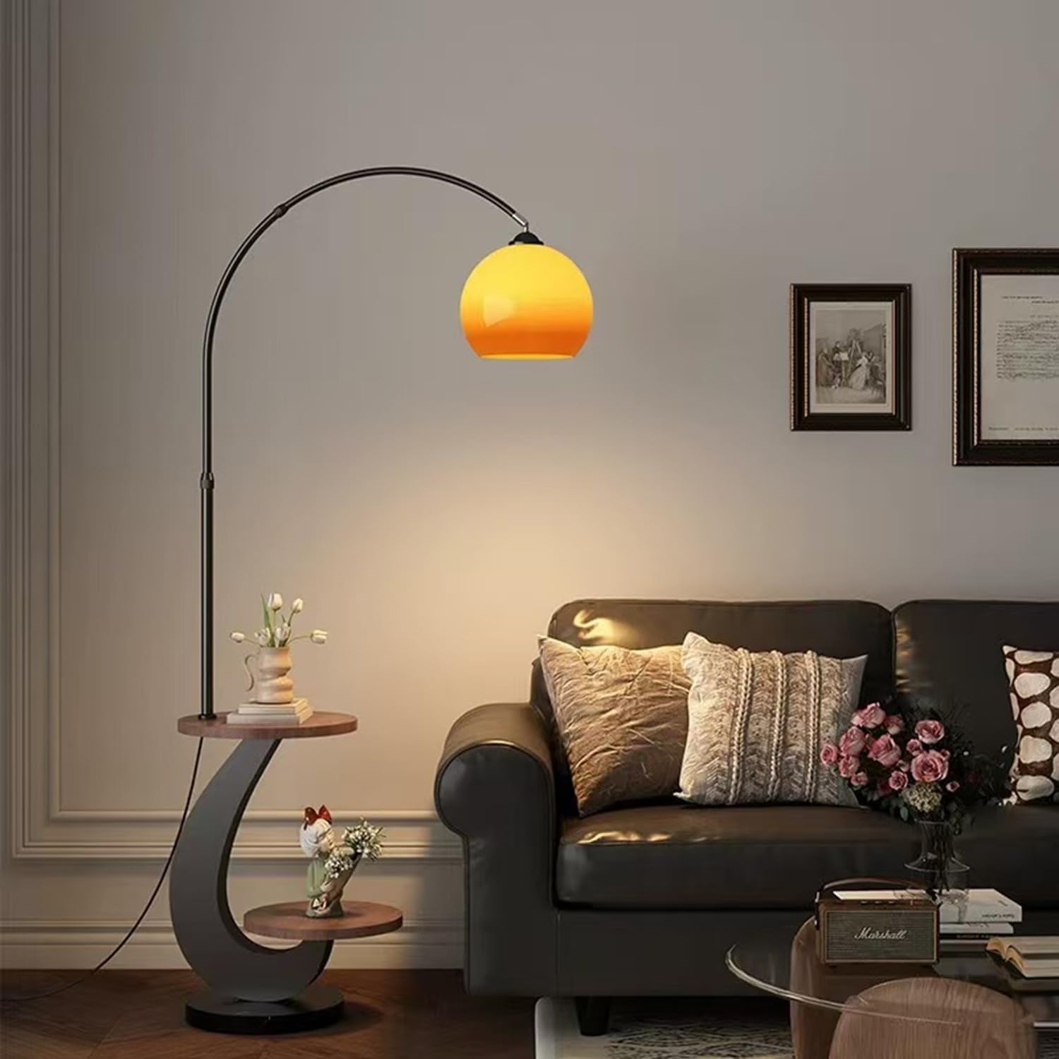 Bofea-Arc Floor Lamps for Living Room,Black Floor Lamp with Table | Wood End Side Table with Lamp,Adjustable Orange Lamps Over Sofa,Warm Lighting,Mid Century Standing Light for Couch
