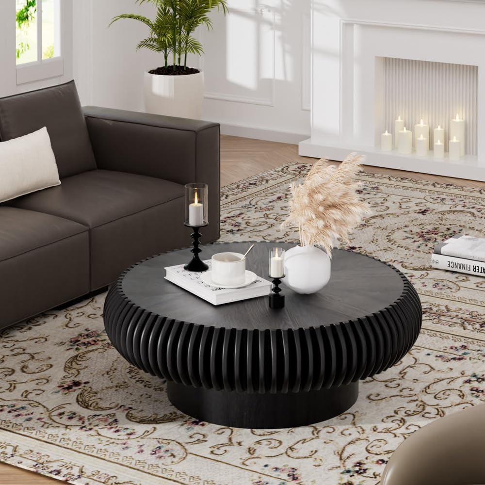 Round Coffee Table for Living Room Modern Solid Wood Fluted Design Coffee Tables with Sturdy Pedestal for Small Space Circle Center Table Accent Tea Table for Apartment, Easy Assemble (Black, 31.4)