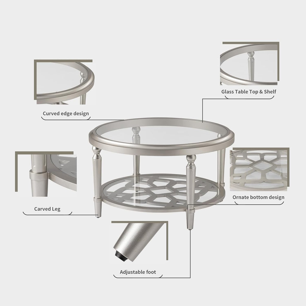 HOMPUS Glass Coffee Table, 32'' Round Coffee Table with Storage Shelf, Modern Unique Coffee Table with Double-Tempered Glass, Living Room End Table for Bedroom, Meeting Room, Fully Assembled