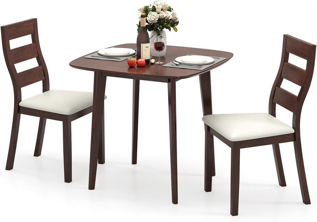 Tangkula Compact Dining Table Set for 2, Wooden Round Kitchen Table & 2 Chairs with Cushioned Seats, 3-Piece Dining Set for Small Spaces, Kitchen, Living Room