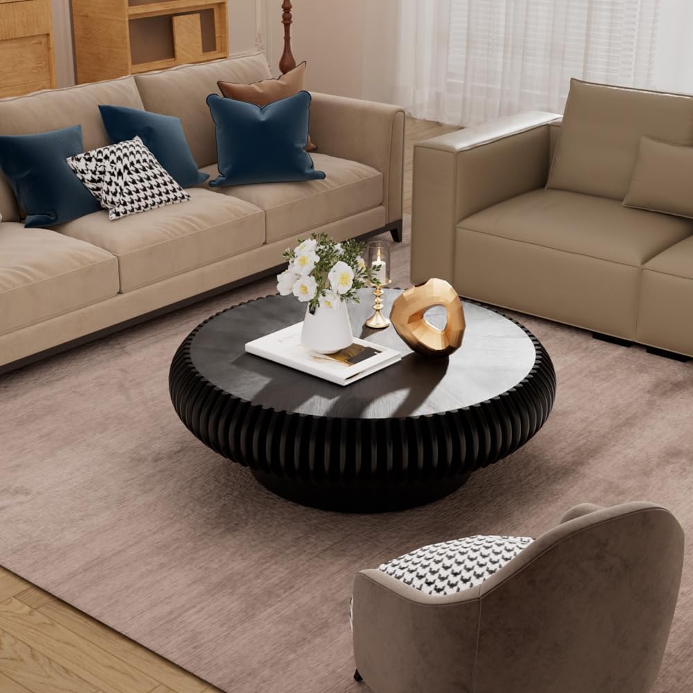Round Coffee Table for Living Room Modern Solid Wood Fluted Design Coffee Tables with Sturdy Pedestal for Small Space Circle Center Table Accent Tea Table for Apartment, Easy Assemble (Black, 39.4)