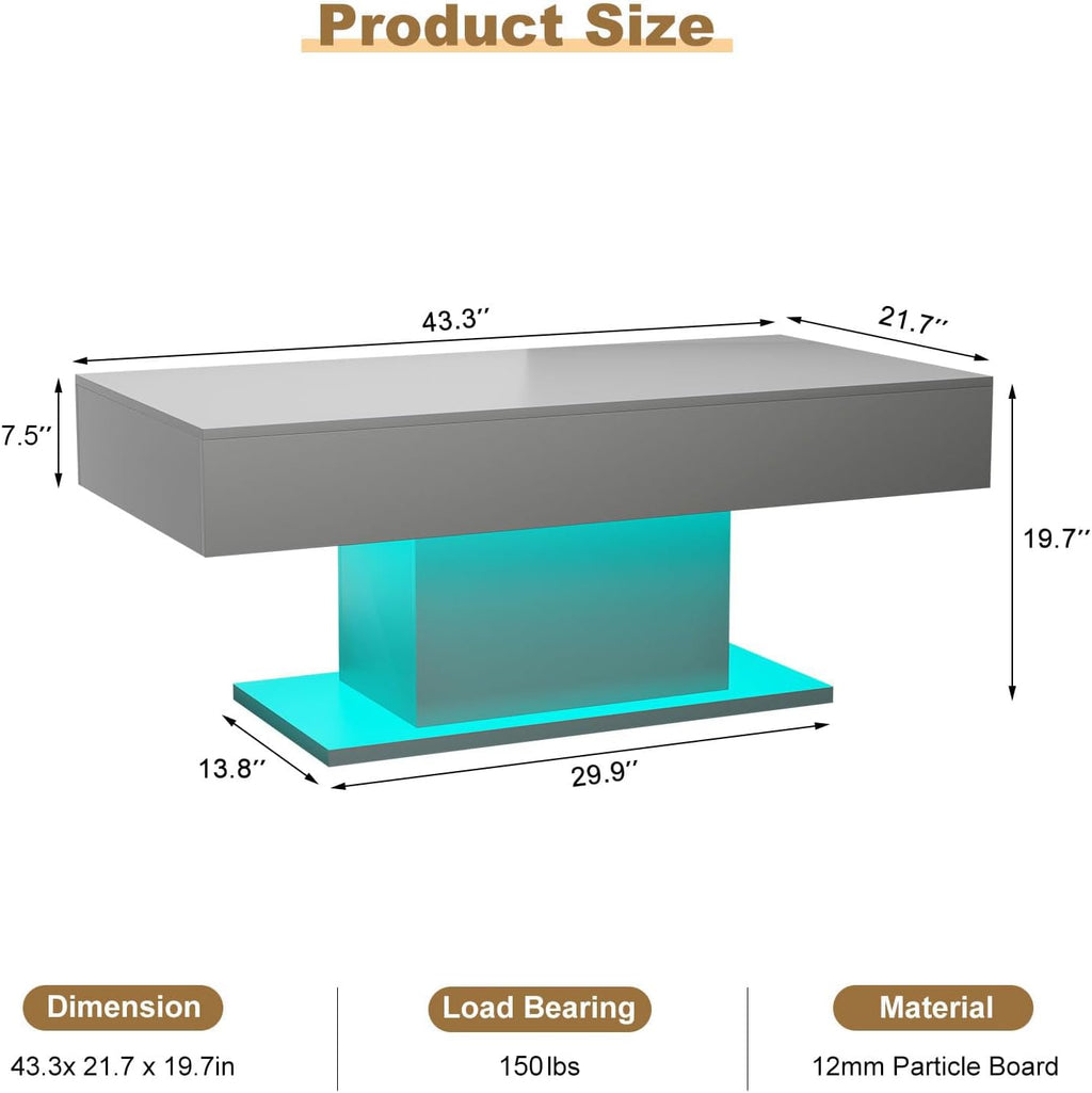 HedoAjim Led Coffee Table for Living Room, Living Room Table Rectangular Center Table, Modern High Glossy Wooden Coffee Tables with 16 Colors LED Lights for Dining Reception Room, Grey