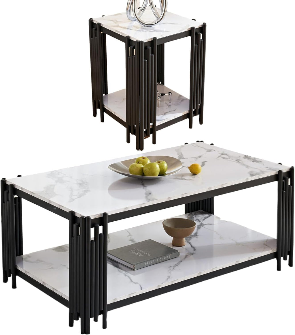 White Marble Coffee Table Set of 2, Faux Marble Coffee Table and White Silver End Table with Chrome Metal I-Base, Luxury 2 Piece Living Room Table Set for Home Office Bedroom