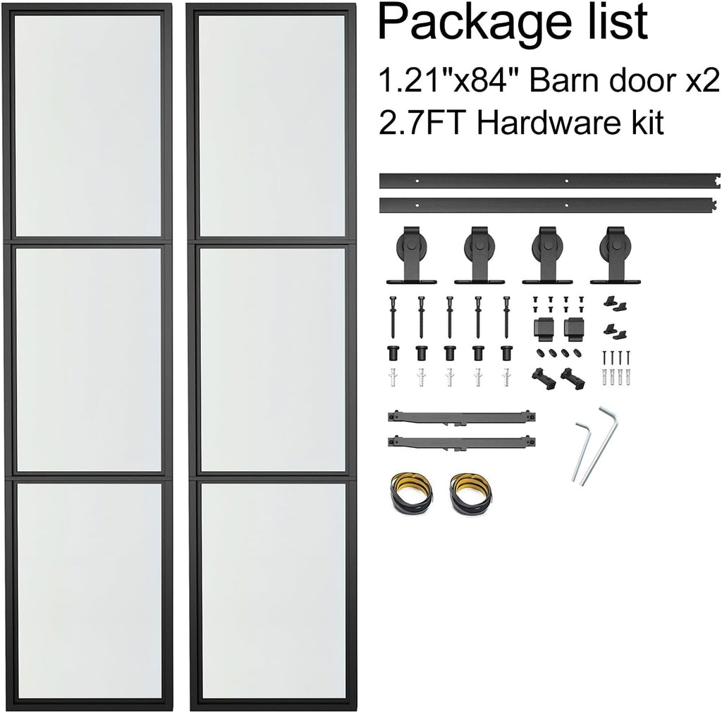 JUBEST 42 x 84 Inch Double Barn Door with 7FT Hardware Kit and Soft Close Mechanism Include, 2 Sets of 21in x 84in 3-Paneled Clear Glass with Carbon Steel Frame Barn Door, Easy to Install
