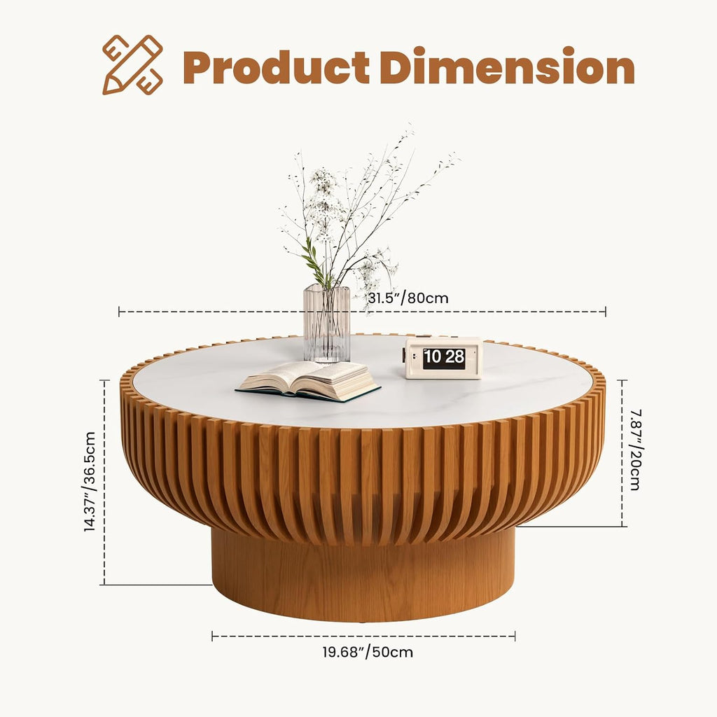 31.5' Round Coffee Table with Sintered Stone Tabletop, Modern Drum Fluted Center Table with Pine Wood Veneered, Unique Circle Wood Coffee Table for Living Room (Brown, 31.5' Sintered Stone Tabletop)